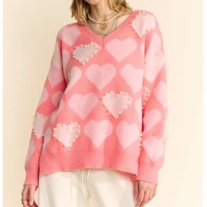 HEART PEARL SIDE SLIT LOOSE FIT V NECK SWEATER